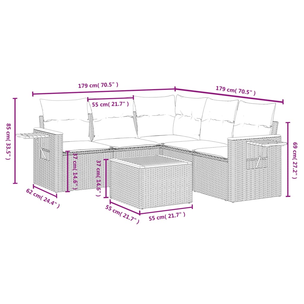 vidaXL 5-delige Loungeset met kussens poly rattan zwart