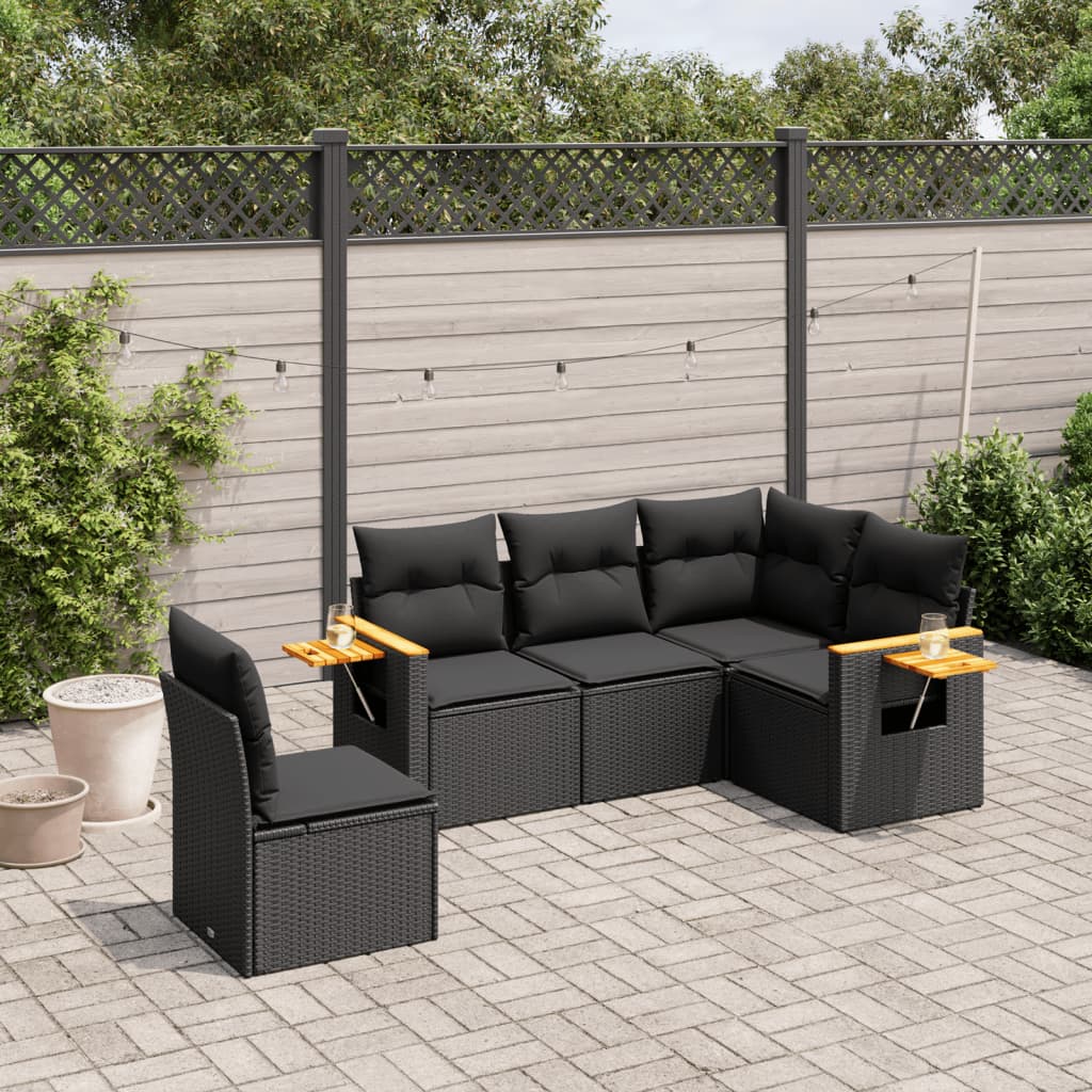 vidaXL 5-delige Loungeset met kussens poly rattan zwart