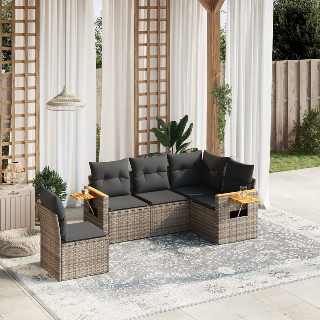 vidaXL 5-delige Loungeset met kussens poly rattan zwart