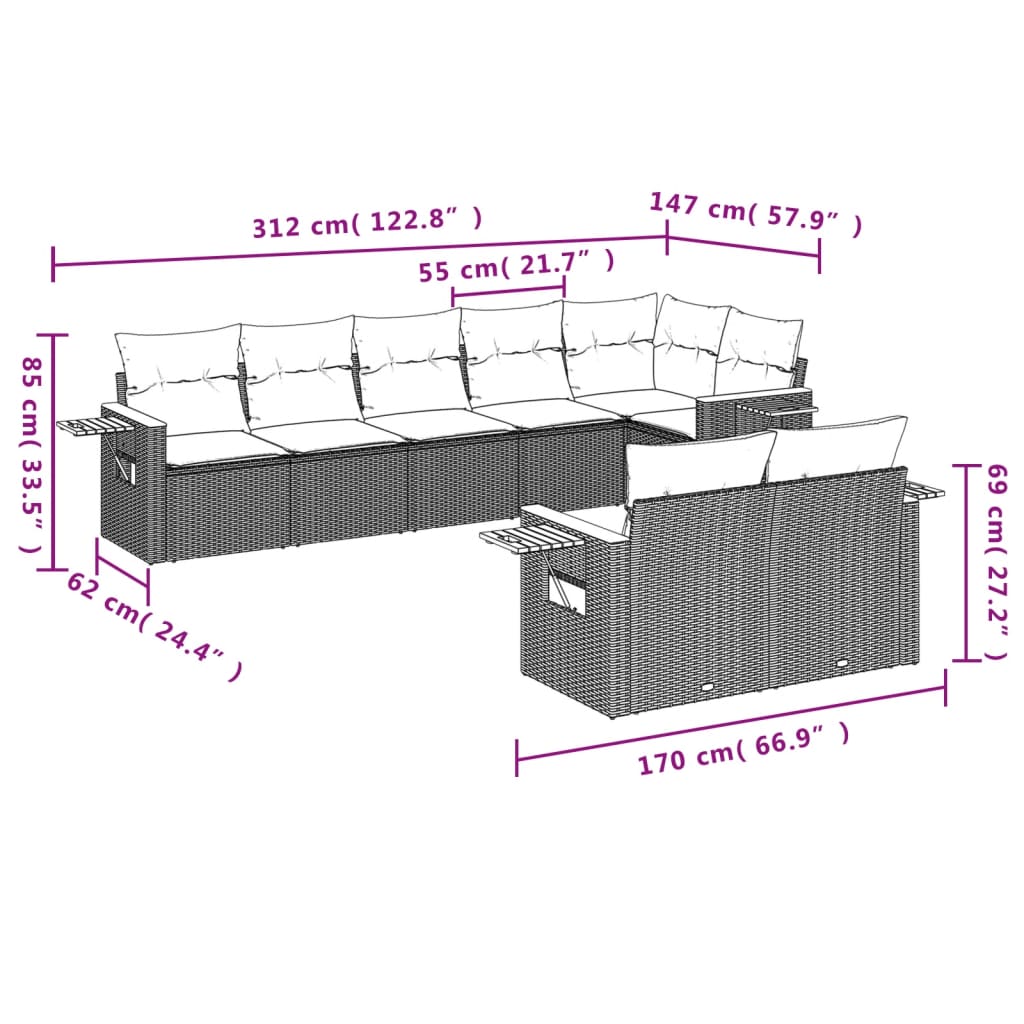 vidaXL 8-Piece Poly Rattan Lounge Set with Cushions Black