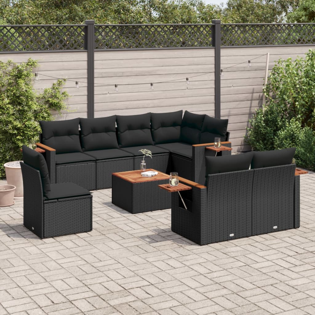 vidaXL 8-delige Loungeset met kussens poly rattan zwart