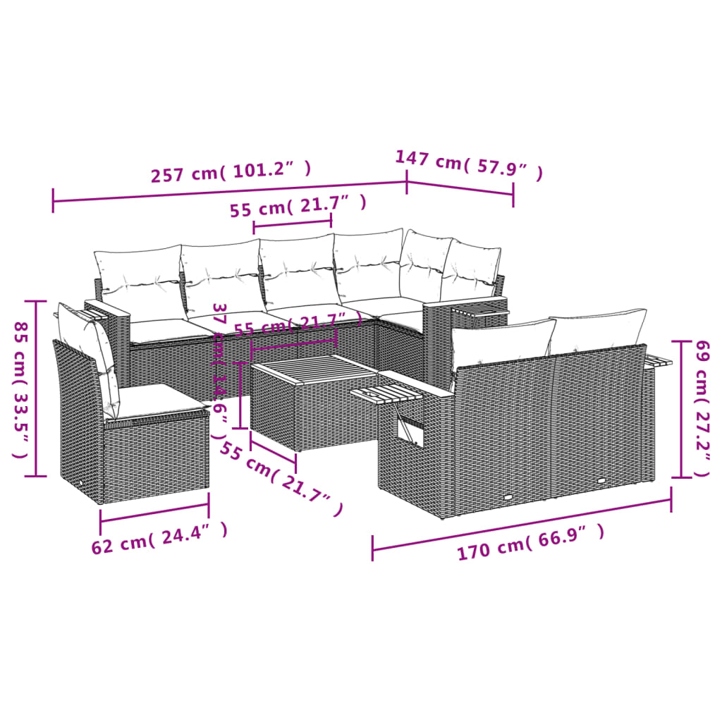 vidaXL 8-delige Loungeset met kussens poly rattan zwart