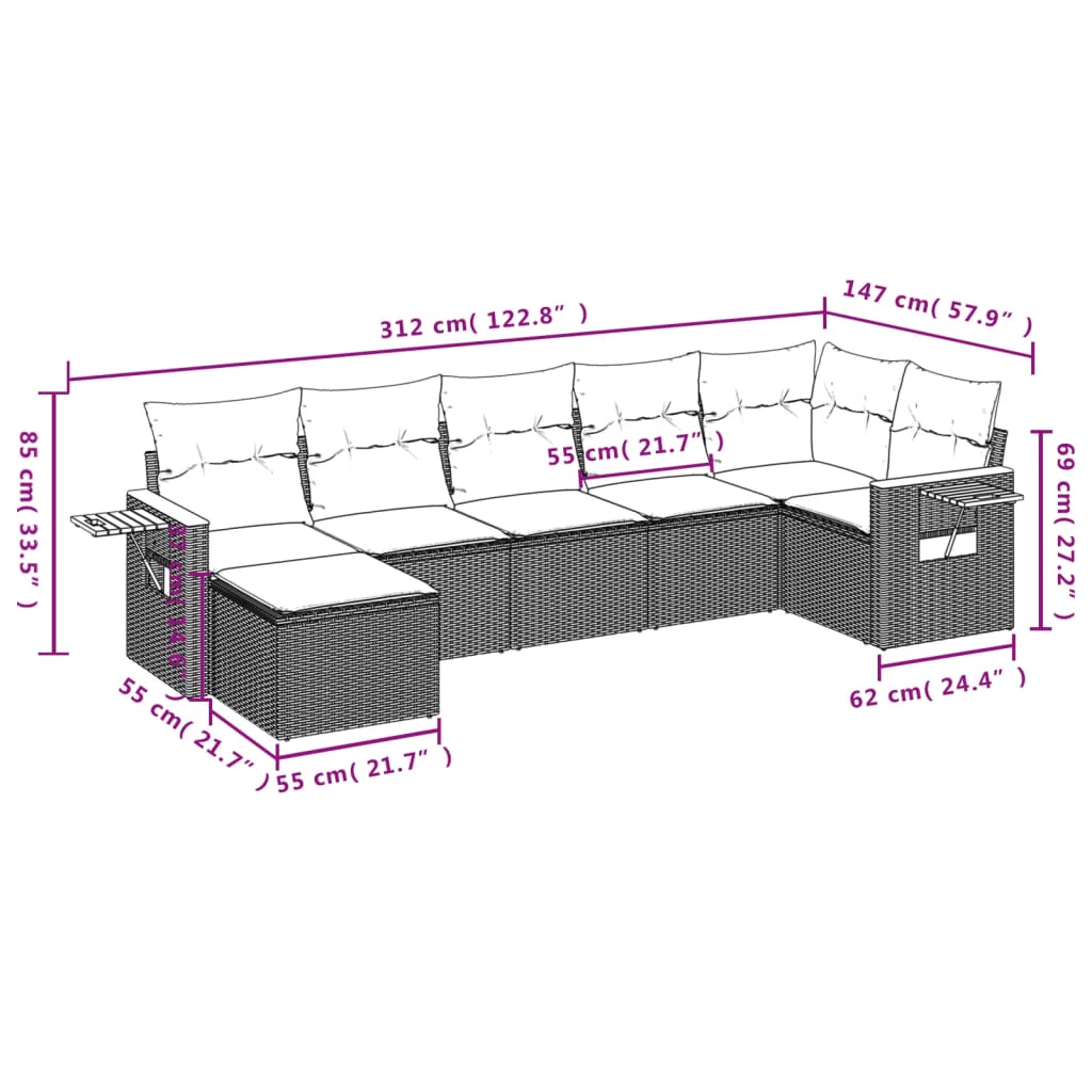 vidaXL 7-Piece Lounge Set with Cushions Poly Rattan Black