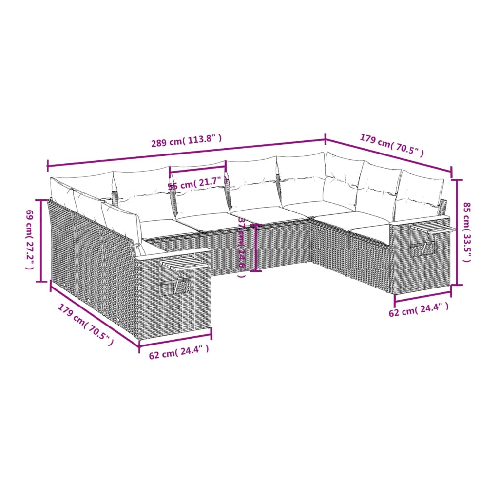 vidaXL 9-delige Loungeset met kussens poly rattan zwart