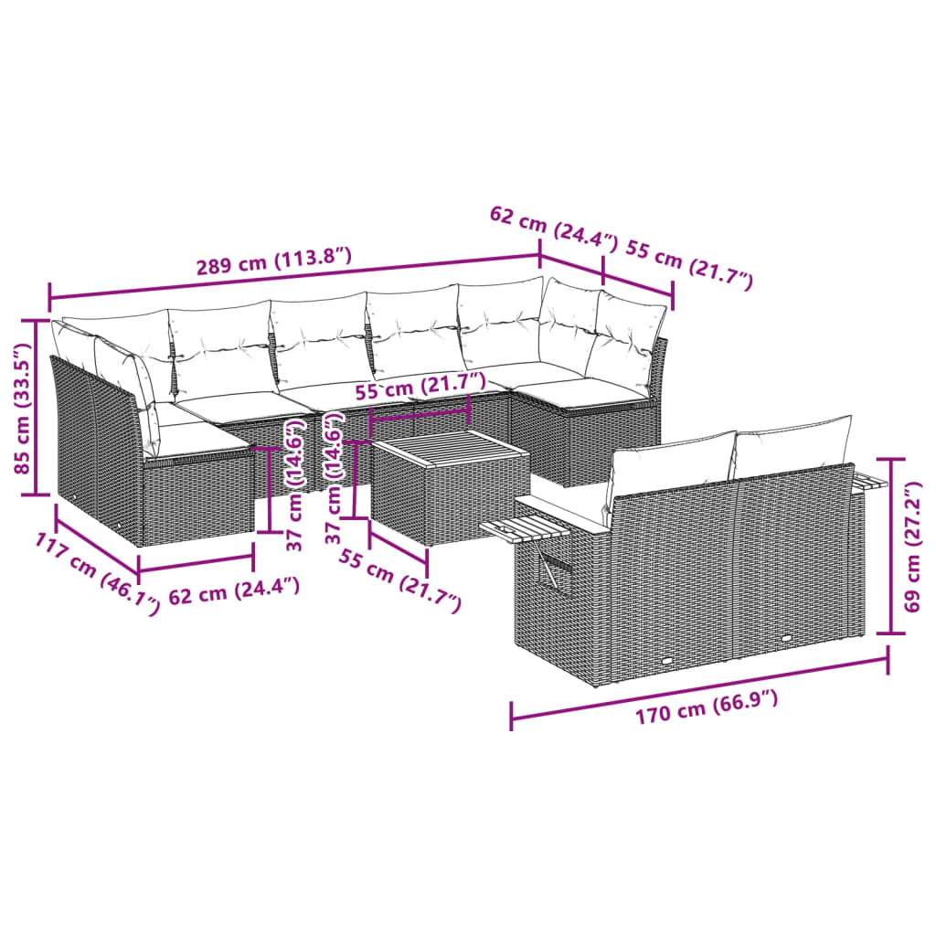 vidaXL 9-piece Loungeset with cushions poly rattan black