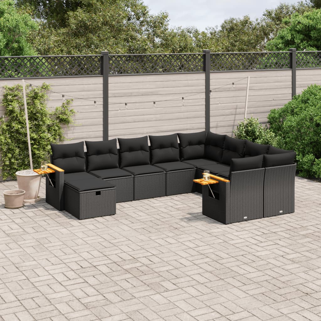 vidaXL 10-Piece Lounge Set with Cushions Poly Rattan Black