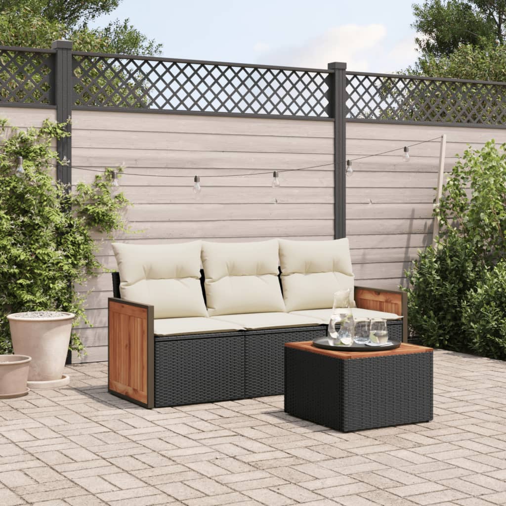 vidaXL 3-delige Loungeset met kussens poly rattan zwart