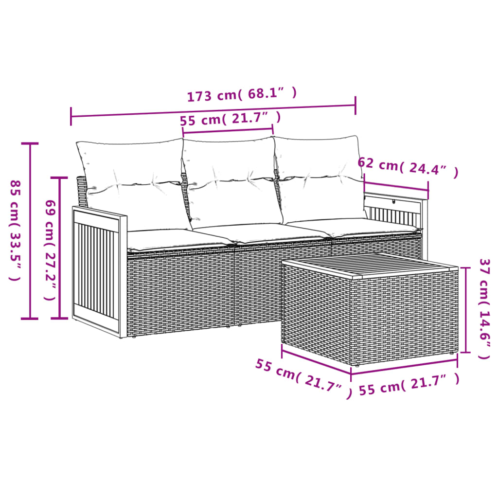 vidaXL 3-delige Loungeset met kussens poly rattan zwart