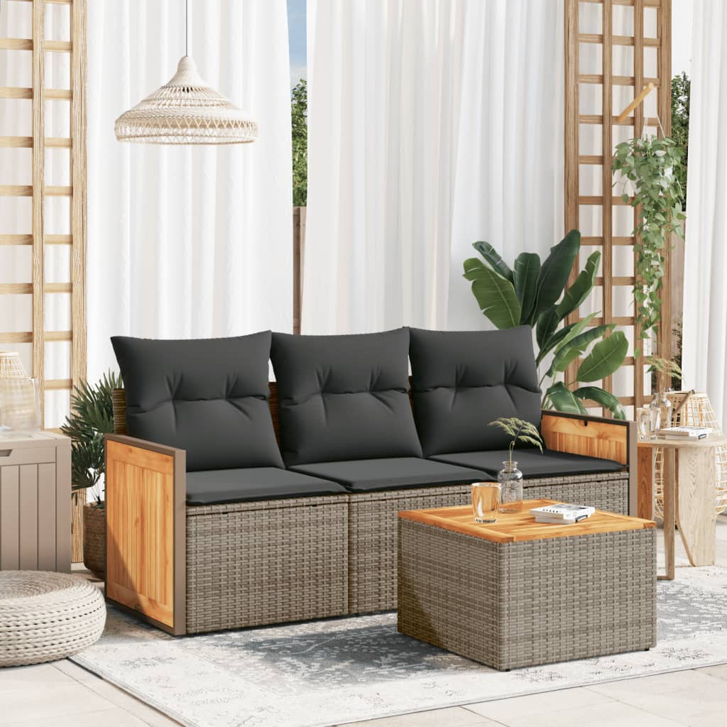 vidaXL 3-delige Loungeset met kussens poly rattan zwart