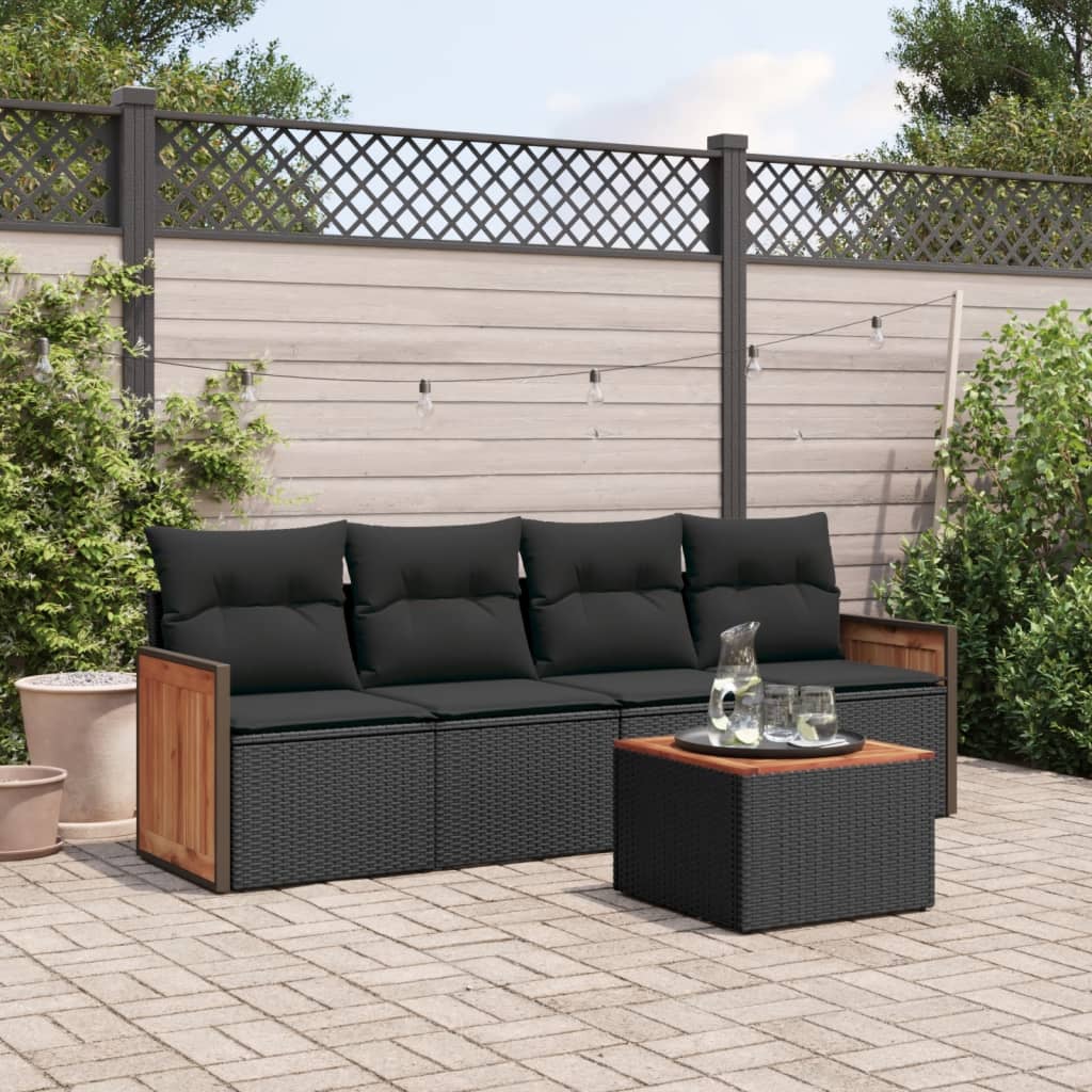 vidaXL 4-delige Loungeset met kussens poly rattan zwart