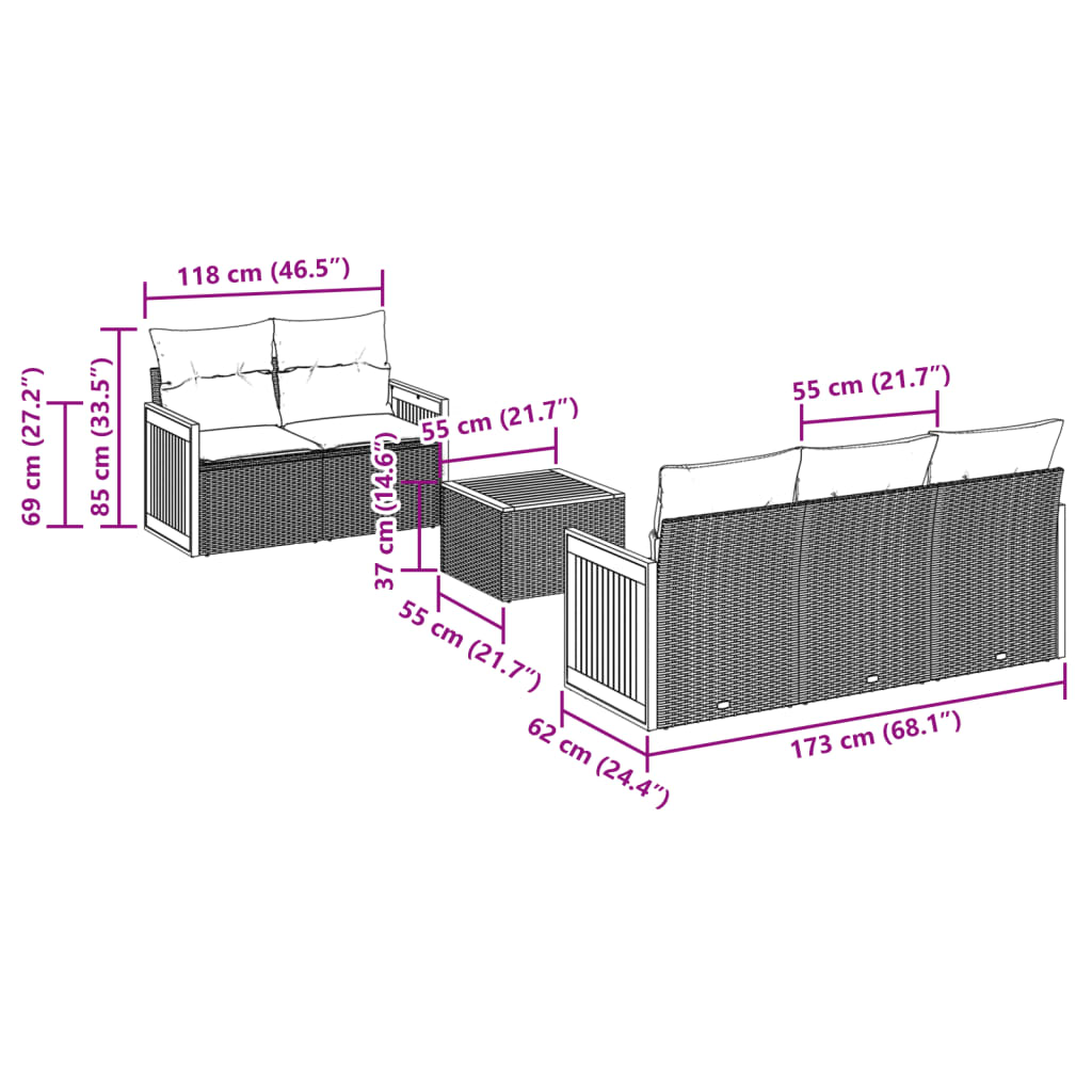 vidaXL 6-delige Loungeset met kussens poly rattan zwart