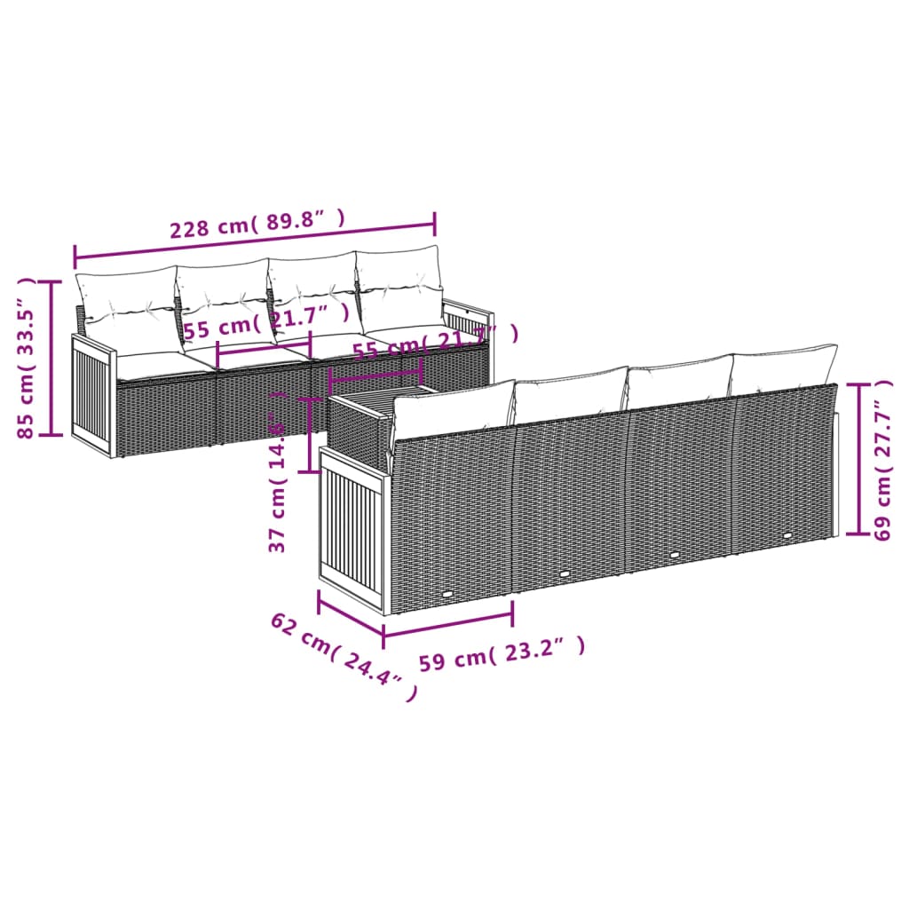 vidaXL 9-delige Loungeset met kussens poly rattan zwart