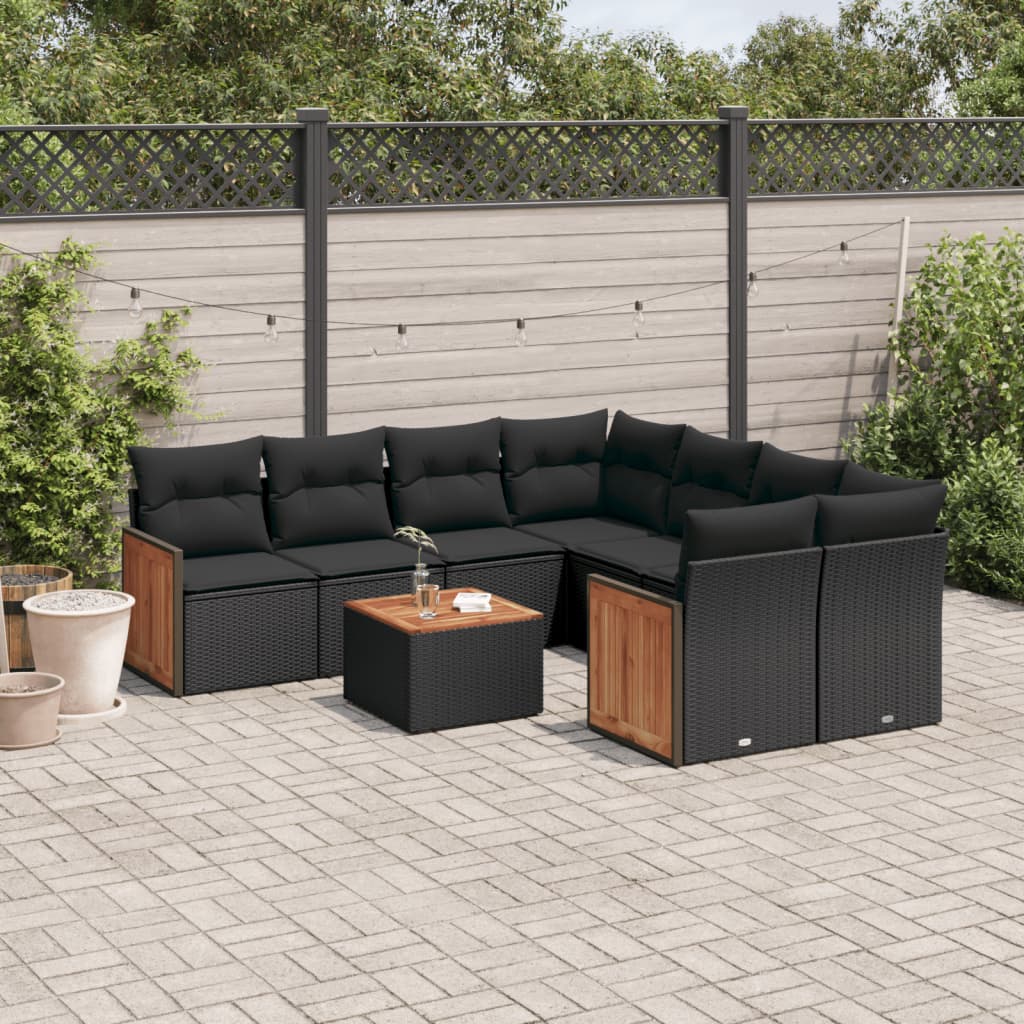 vidaXL 9-piece Poly Rattan Lounge Set with Cushions Black