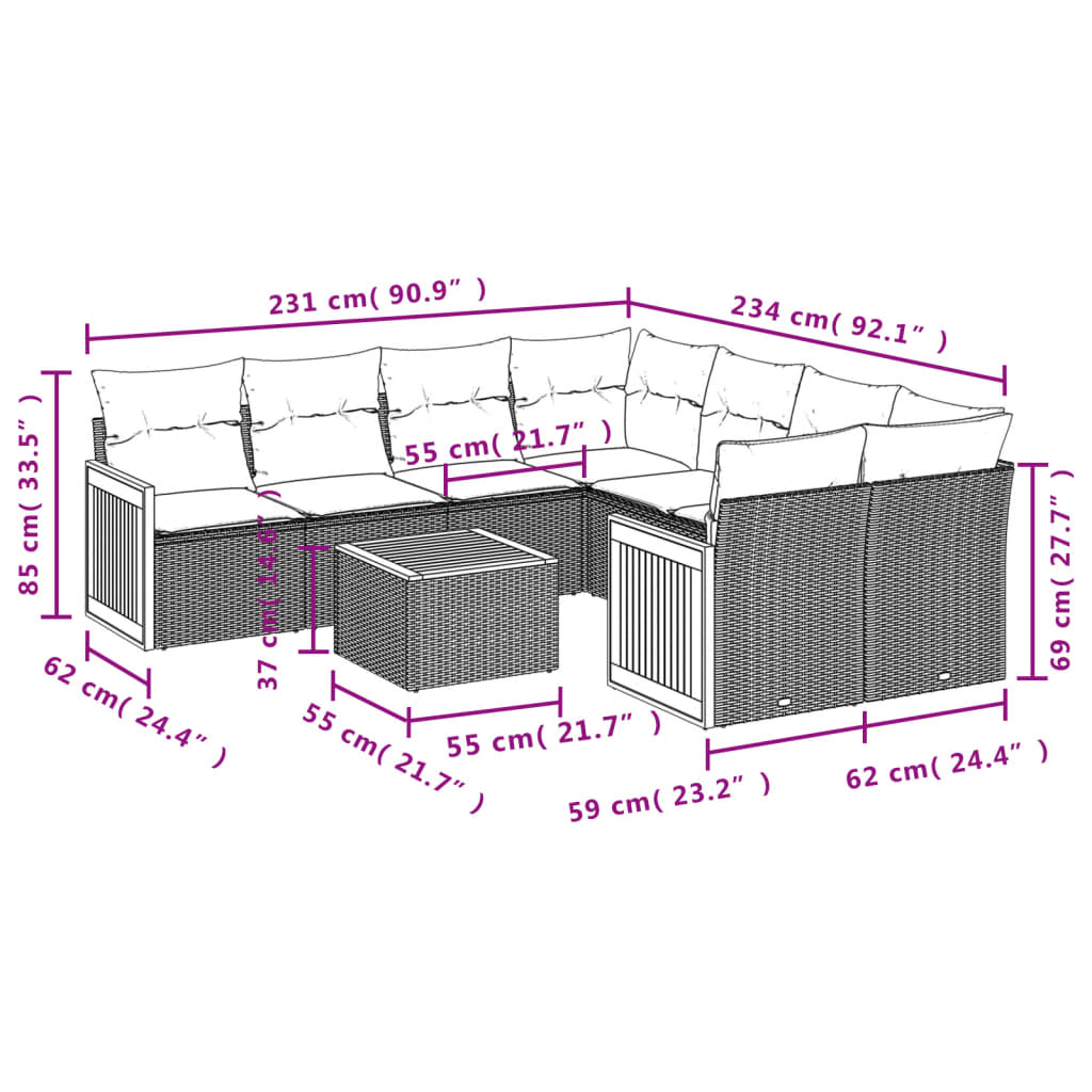 vidaXL 9-piece Poly Rattan Lounge Set with Cushions Black