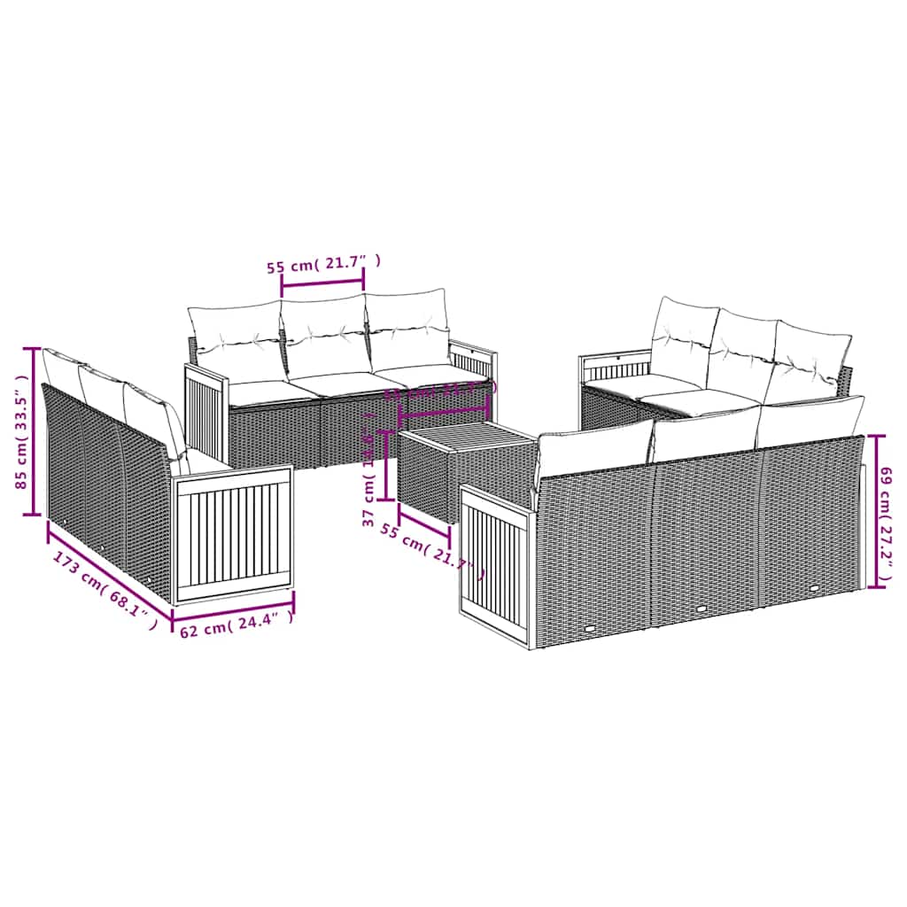 vidaXL 12-piece Lounge Set with Cushions Poly Rattan Black