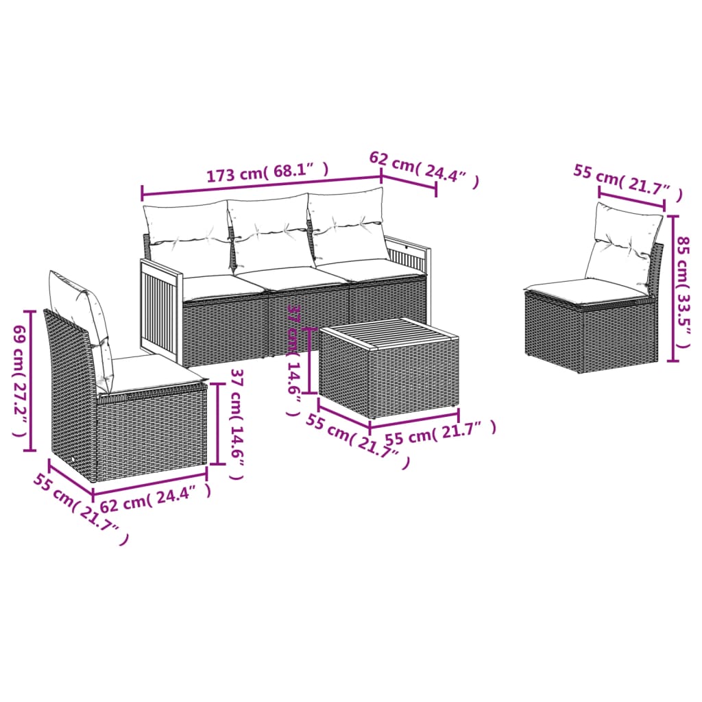 vidaXL 5-delige Loungeset met kussens poly rattan zwart