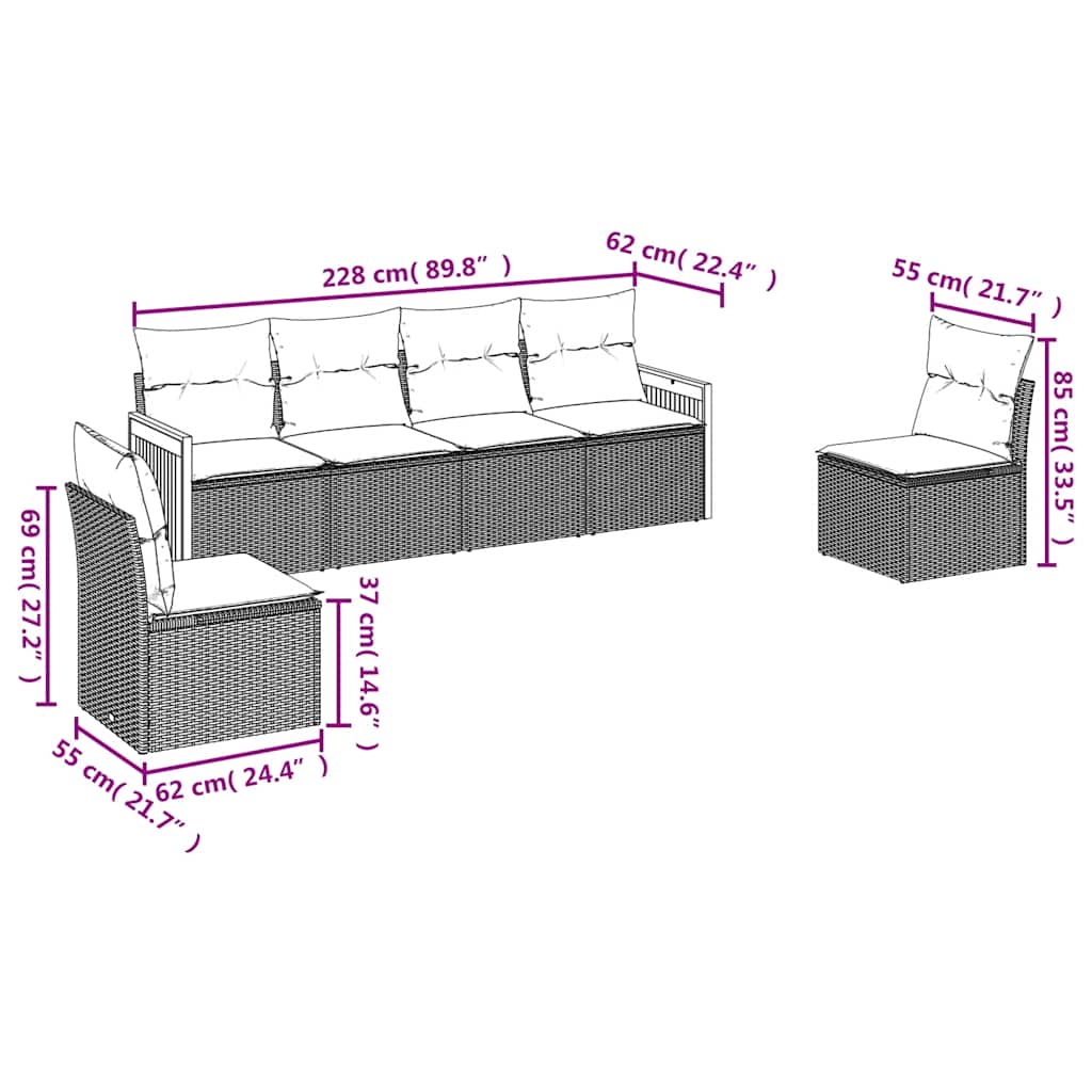 vidaXL 6-delige Loungeset met kussens poly rattan zwart