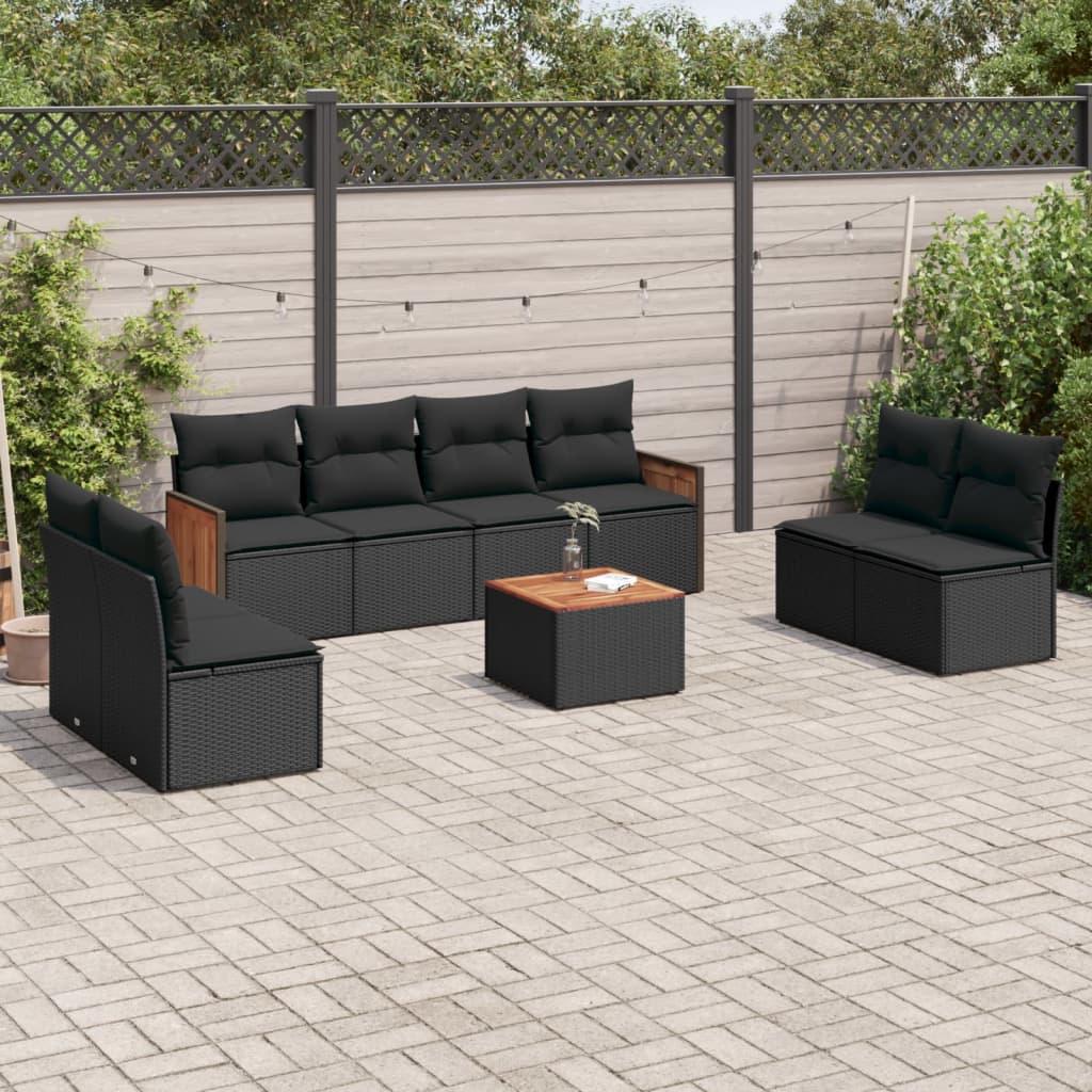 vidaXL 8-delige Loungeset met kussens poly rattan zwart