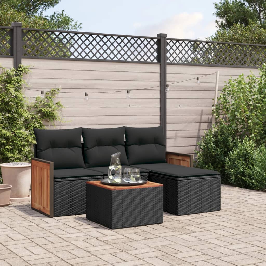 vidaXL 4-delige Loungeset met kussens poly rattan zwart