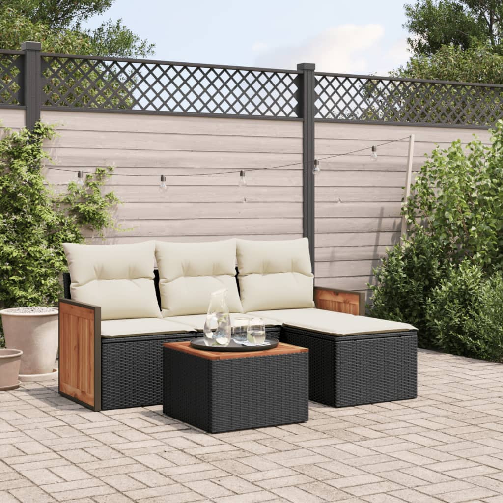 vidaXL 4-delige Loungeset met kussens poly rattan zwart
