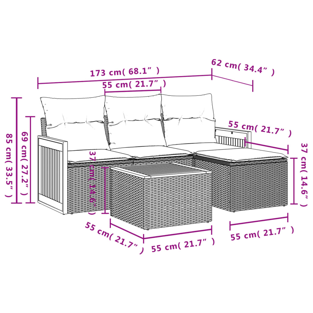 vidaXL 4-delige Loungeset met kussens poly rattan zwart