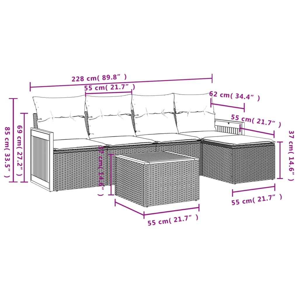 vidaXL 5-Piece Lounge Set with Cushions Poly Rattan Black