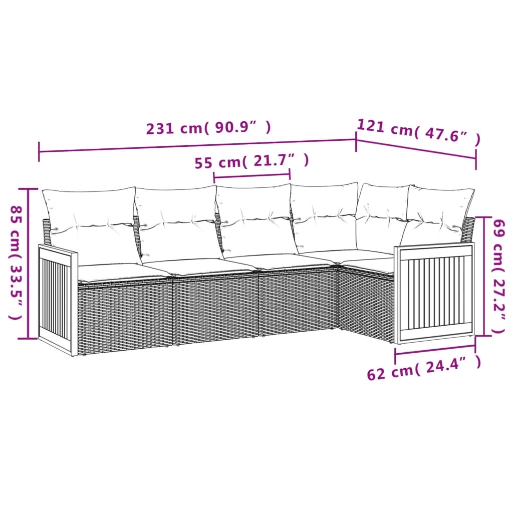 vidaXL 5-delige Loungeset met kussens poly rattan zwart