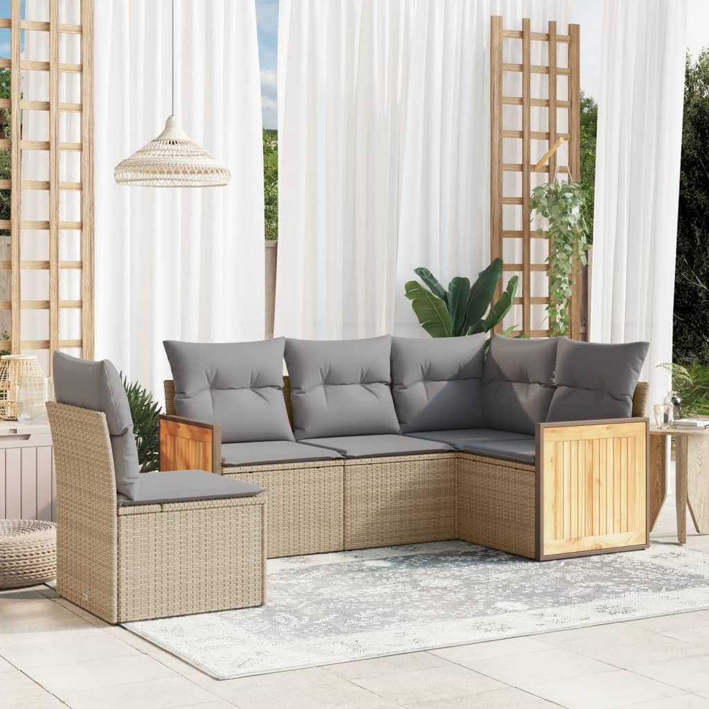 vidaXL 5-delige Loungeset met kussens poly rattan zwart
