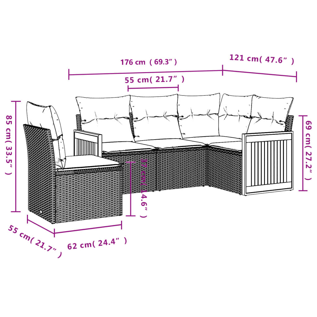vidaXL 5-delige Loungeset met kussens poly rattan zwart