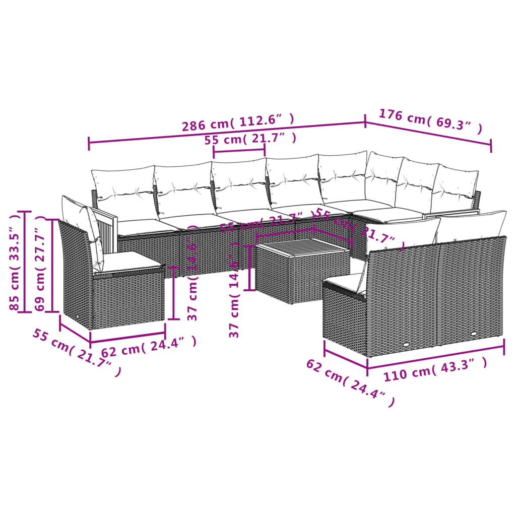 vidaXL 10-delige Loungeset met kussens poly rattan zwart