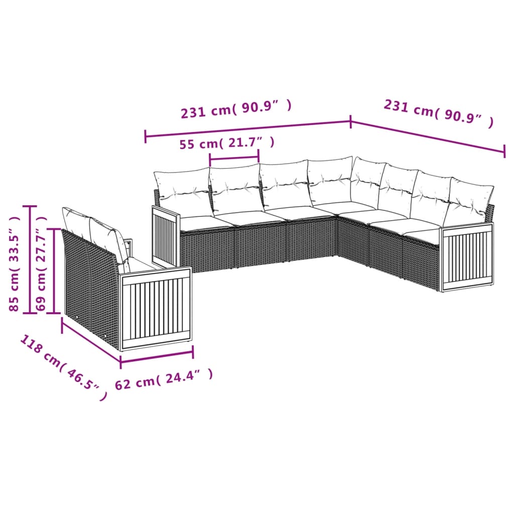 vidaXL 9-piece Lounge Set with Cushions Poly Rattan Black