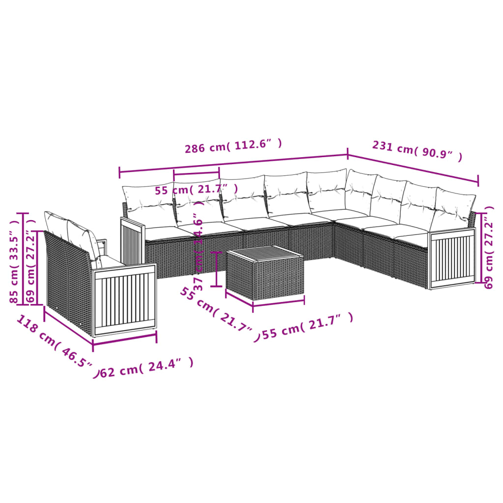 vidaXL 10-piece Lounge Set with Cushions Poly Rattan Black