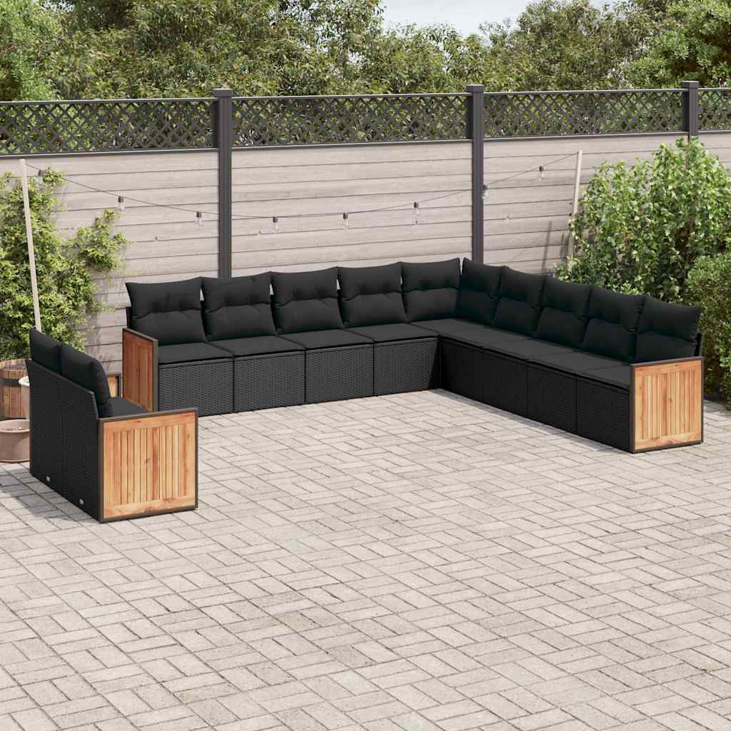 vidaXL 11-Piece Lounge Set with Cushions Poly Rattan Black