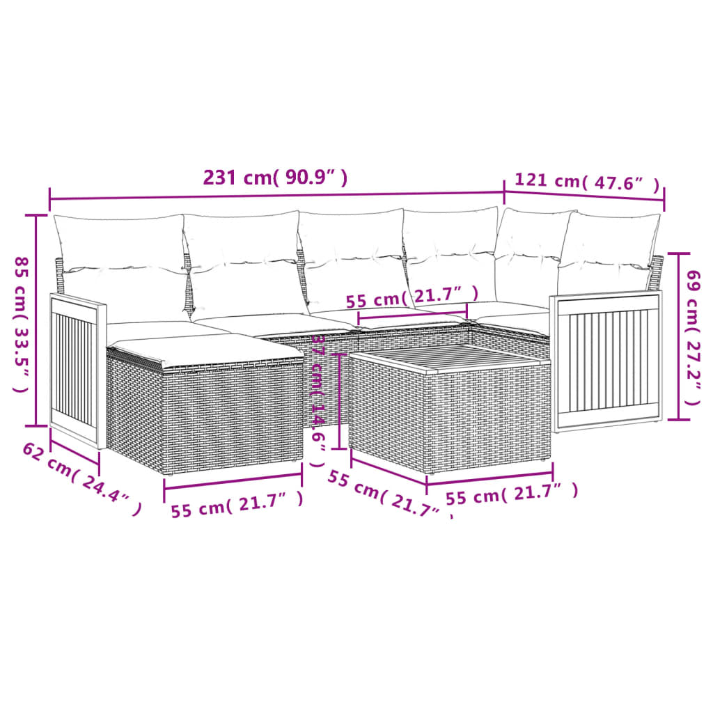 vidaXL 6-piece Lounge Set with Cushions Poly Rattan Black
