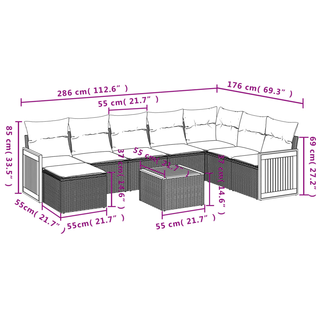 vidaXL 8-delige Loungeset met kussens poly rattan zwart