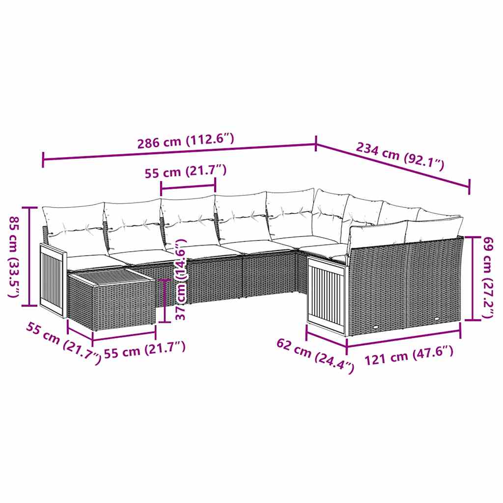 vidaXL 10-delige Loungeset met kussens poly rattan zwart