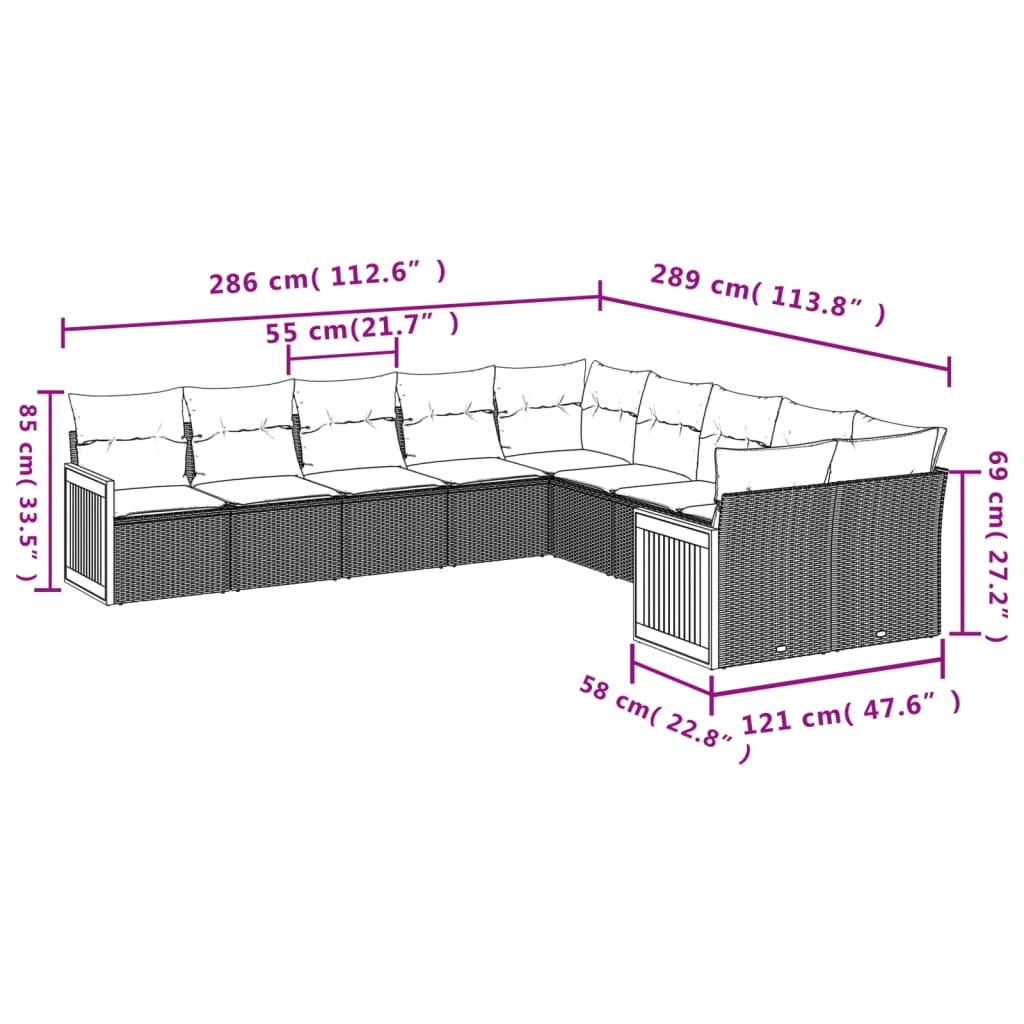 vidaXL 10-Piece Lounge Set with Cushions Poly Rattan Black
