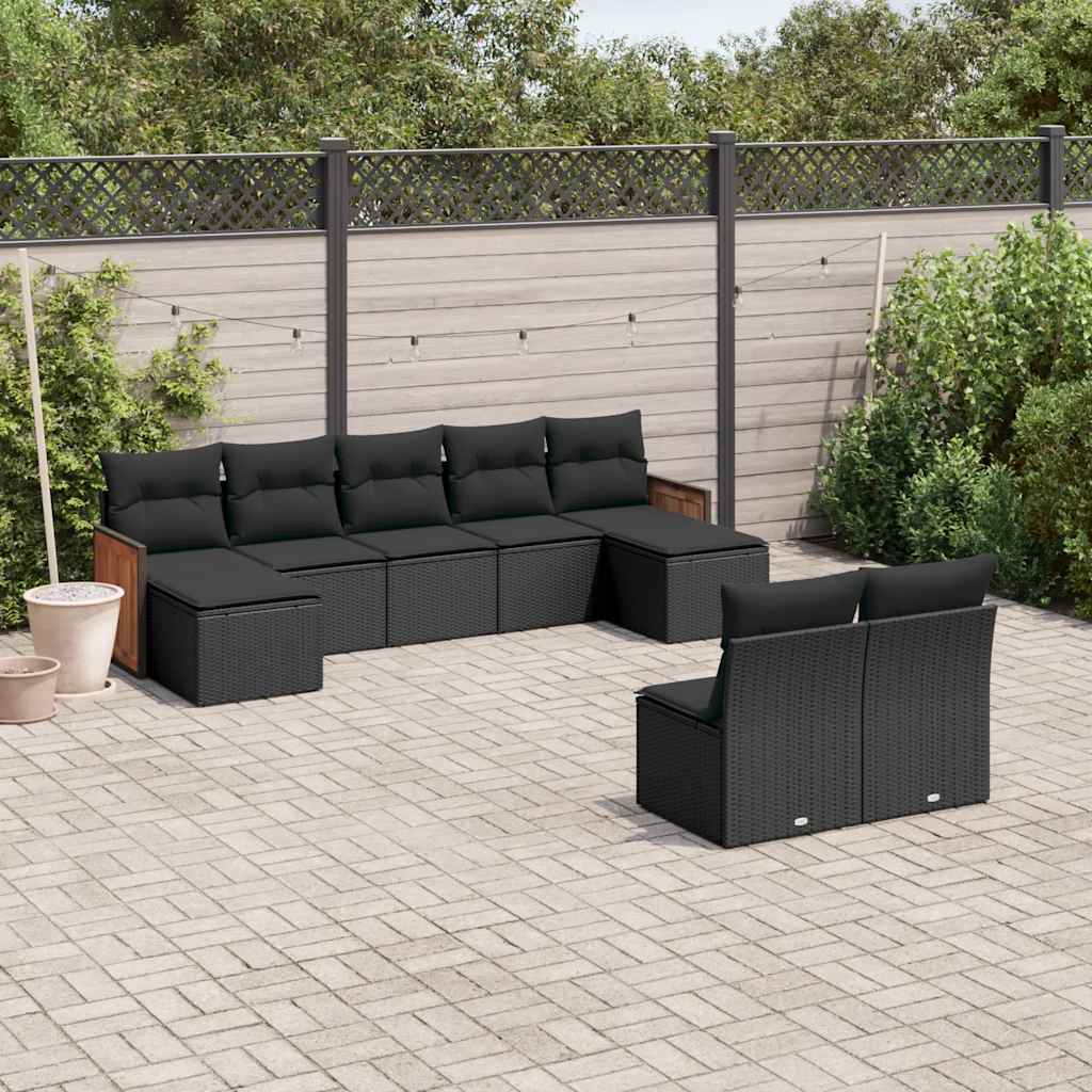 vidaXL 9-piece Poly Rattan Lounge Set with Cushions Black