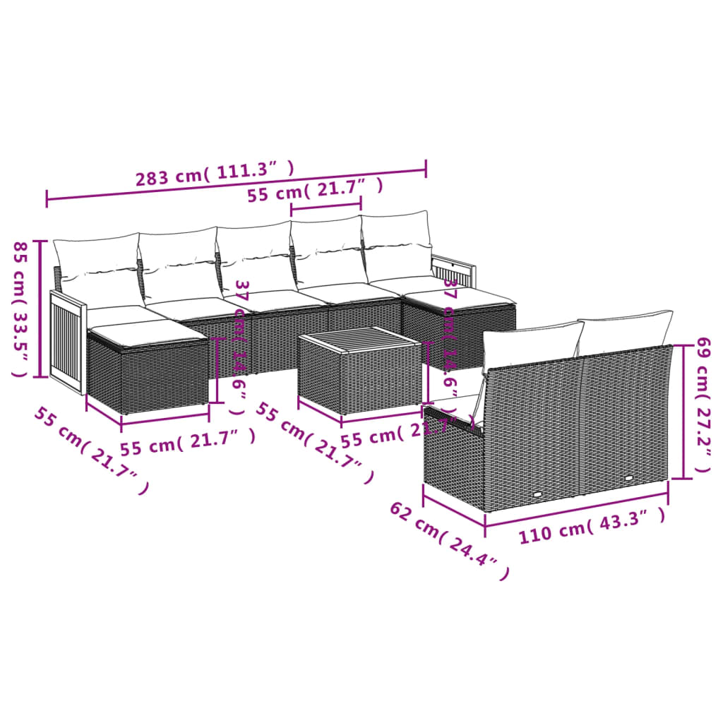 vidaXL 9-piece Poly Rattan Lounge Set with Cushions Black