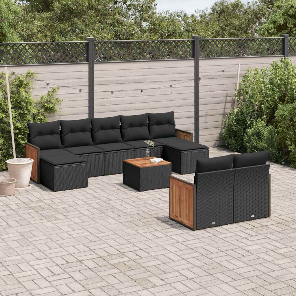vidaXL 9-delige Loungeset met kussens poly rattan zwart