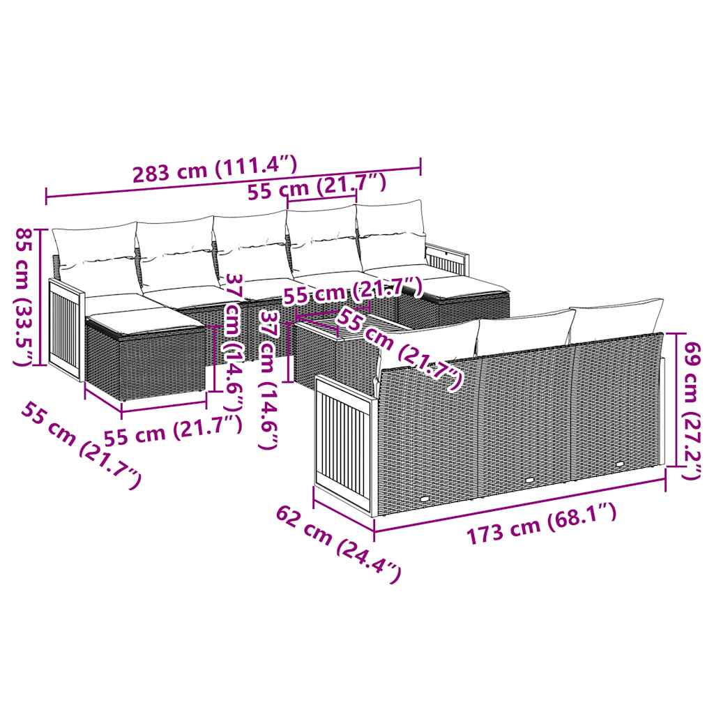 vidaXL 10-delige Loungeset met kussens poly rattan zwart