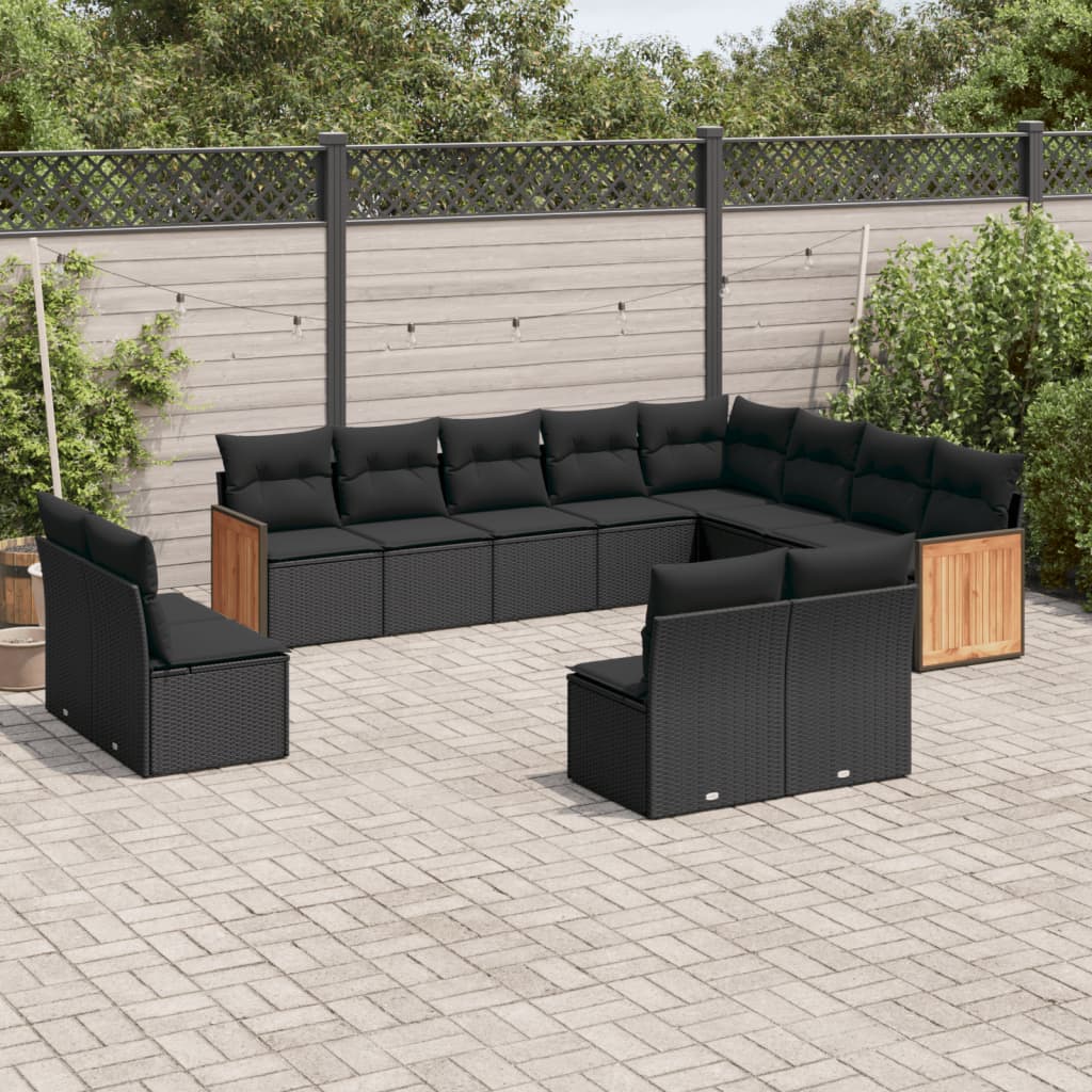 vidaXL 12-Piece Lounge Set with Cushions Poly Rattan Black
