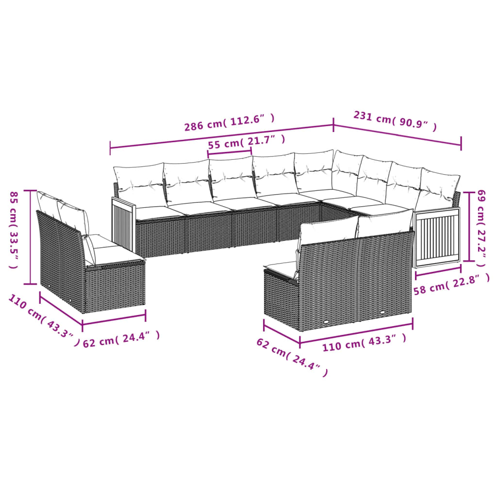 vidaXL 12-Piece Lounge Set with Cushions Poly Rattan Black
