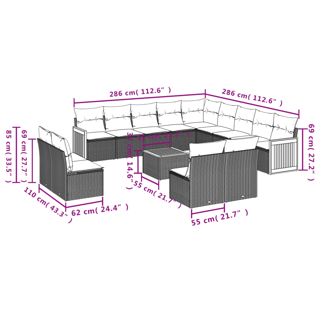 vidaXL 13-delige Loungeset met kussens poly rattan zwart