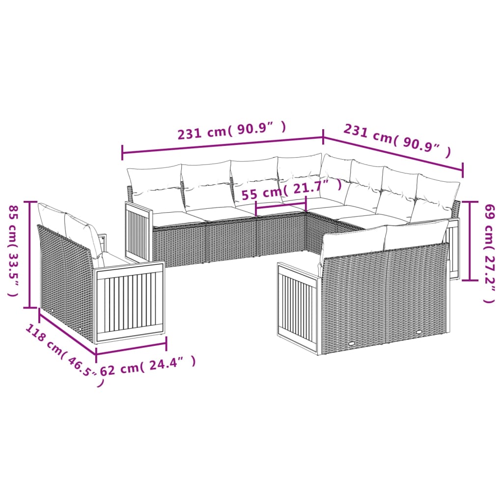 vidaXL 11-Piece Lounge Set with Cushions Poly Rattan Black