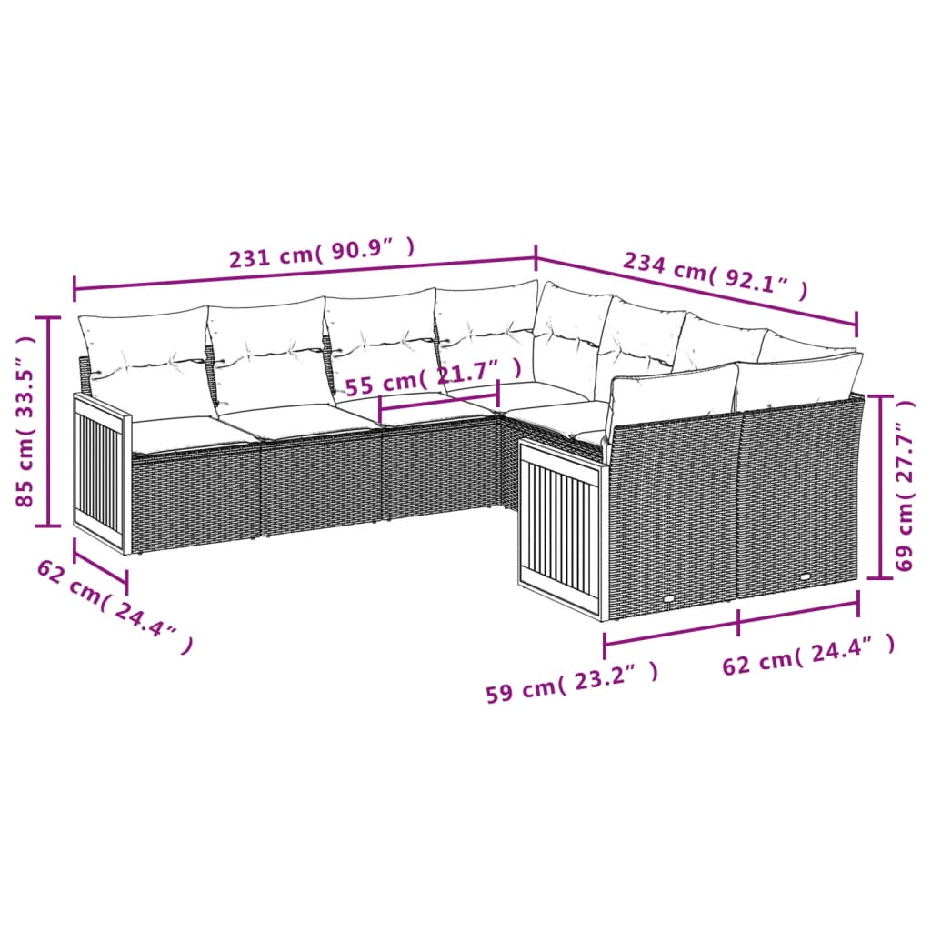 vidaXL 8-Piece Lounge Set with Cushions Poly Rattan Black