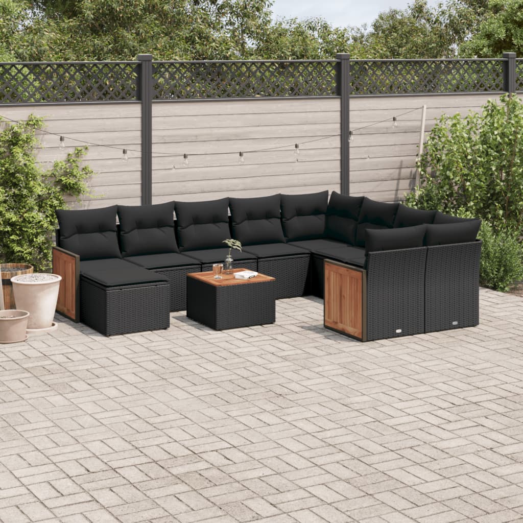 vidaXL 11-Piece Lounge Set with Cushions Poly Rattan Black