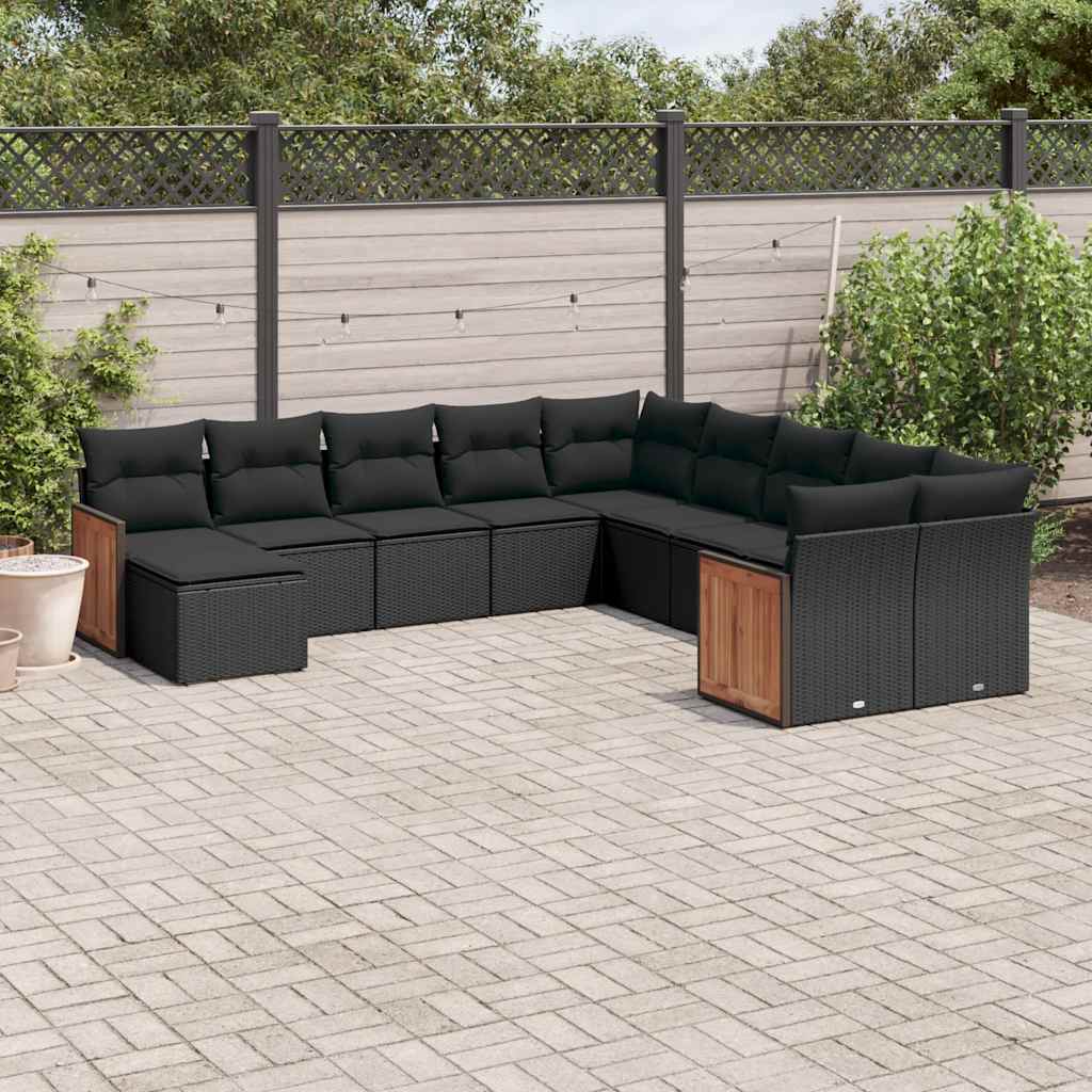 vidaXL 11-Piece Lounge Set with Cushions Poly Rattan Black