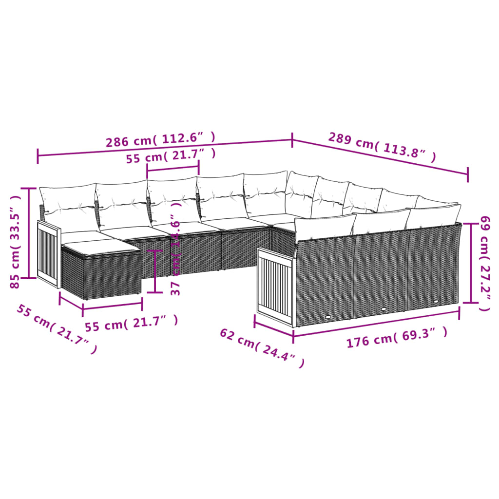 vidaXL 12-delige Loungeset met kussens poly rattan zwart