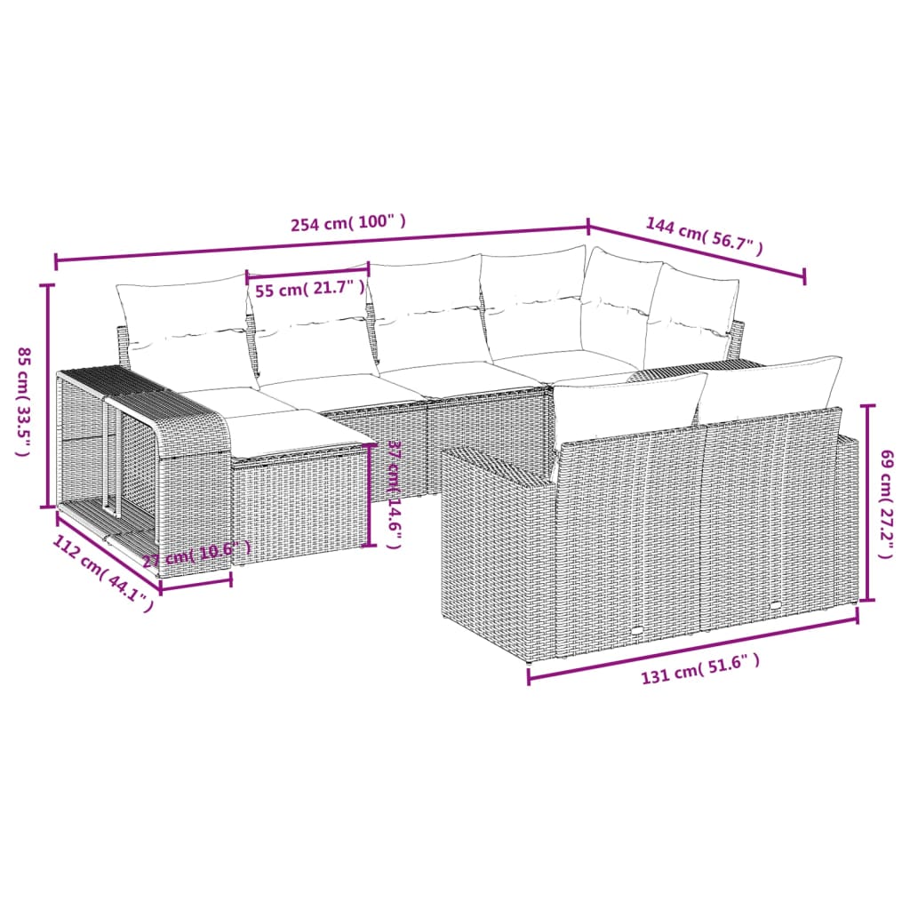 vidaXL 10-delige Loungeset met kussens poly rattan zwart